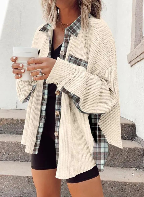 SHEWIN Womens Waffle Knit Plaid Shacket