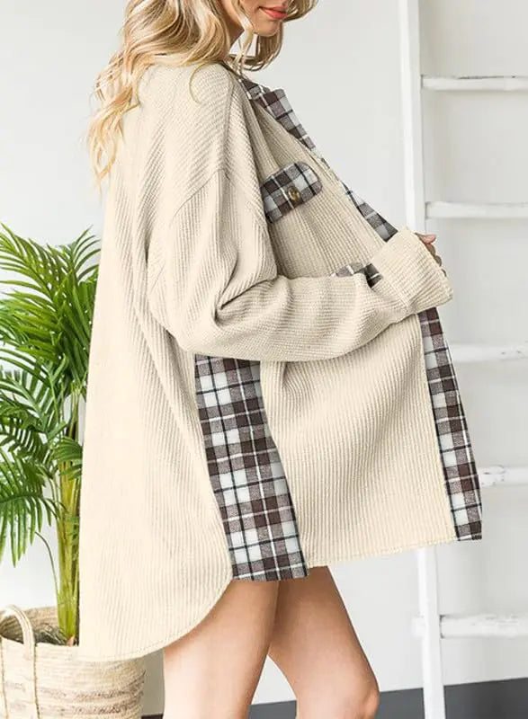 SHEWIN Womens Waffle Knit Plaid Shacket