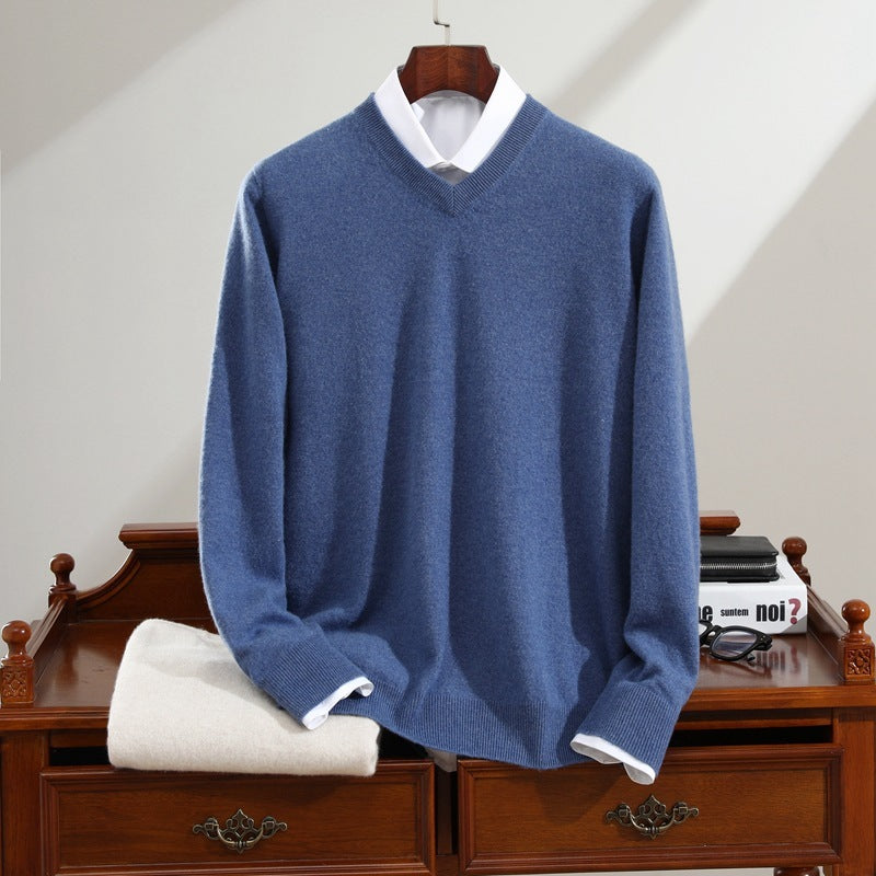 Men's Pure Cashmere Sweater V-neck Long Sleeve Knitted