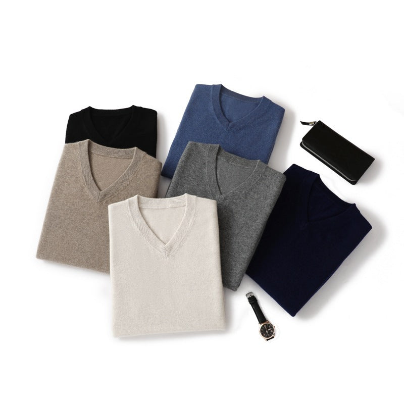 Men's Pure Cashmere Sweater V-neck Long Sleeve Knitted