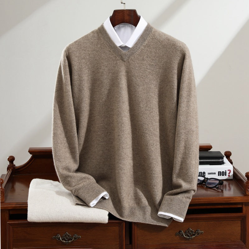 Men's Pure Cashmere Sweater V-neck Long Sleeve Knitted