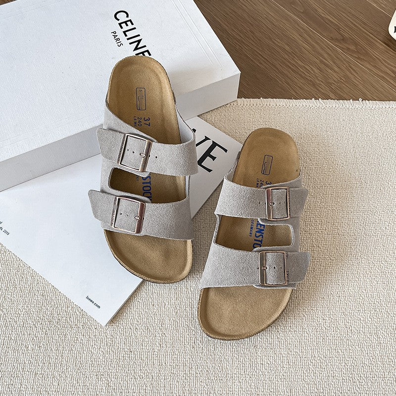 Leather flat bottomed Buchen slippers for women's doubles with button up two character slippers