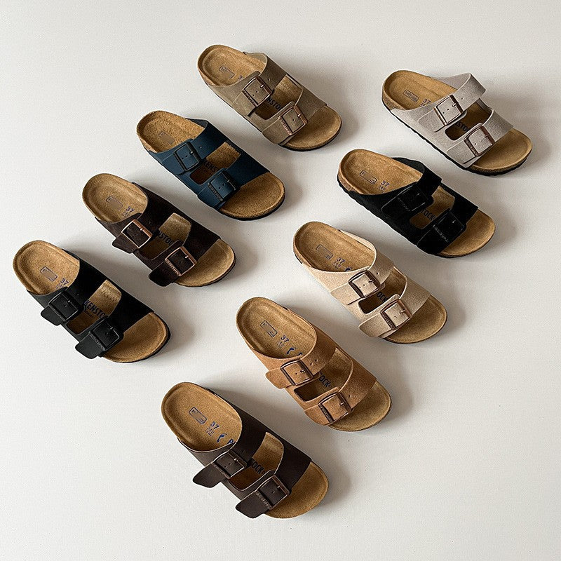 Leather flat bottomed Buchen slippers for women's doubles with button up two character slippers