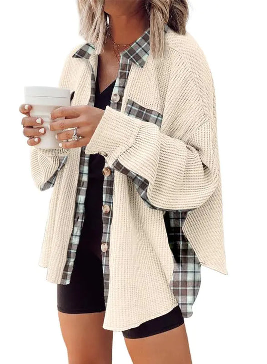 SHEWIN Womens Waffle Knit Plaid Shacket