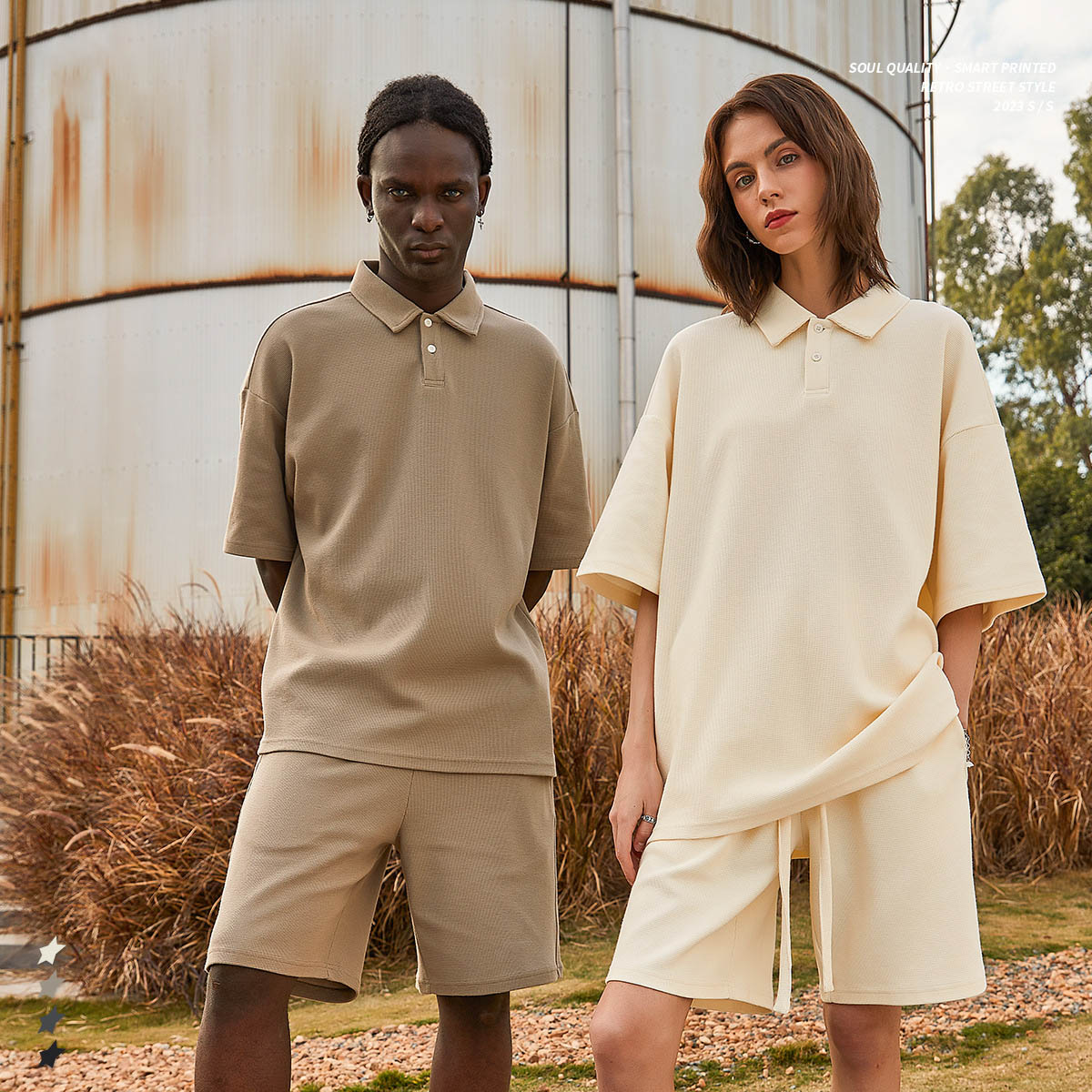 Mens and Womens High End Breathable Diamond Pattern Waffle Shorts Set Loose Casual Top Wide Leg Shorts Set