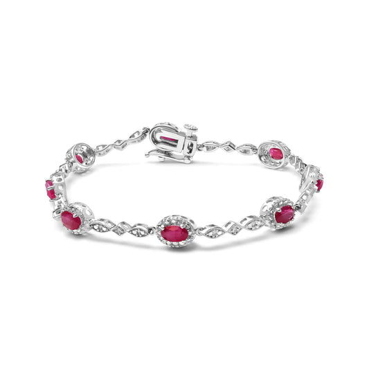 10K White Gold Oval Ruby and Diamond Link Bracelet