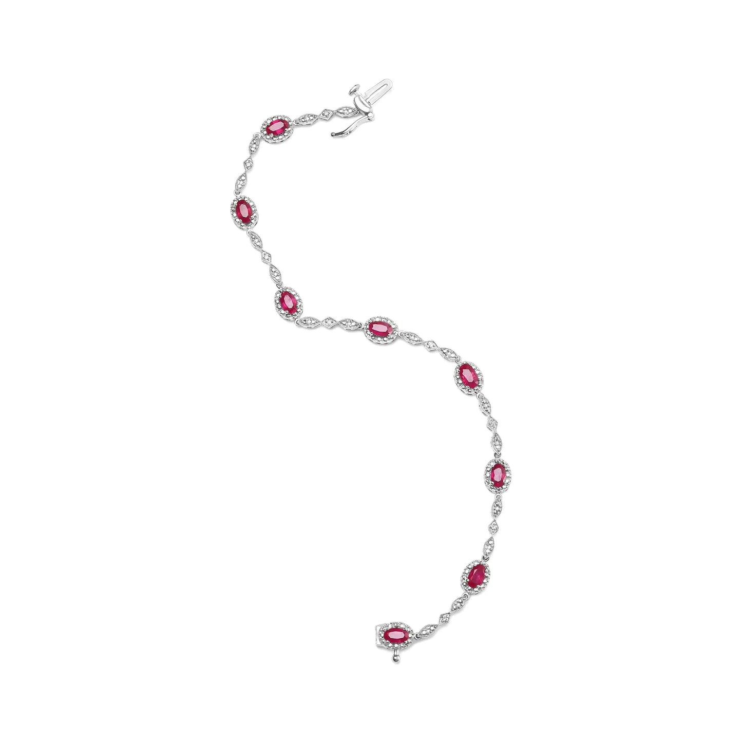 10K White Gold Oval Ruby and Diamond Link Bracelet