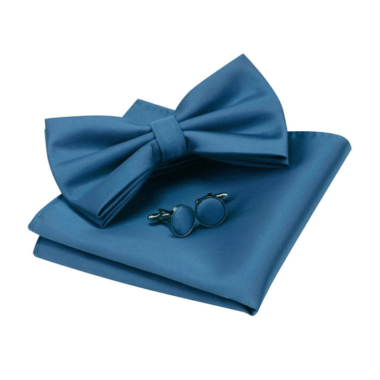 GUSLESON Men's Teal Blue Bow Tie & Pocket Square Set