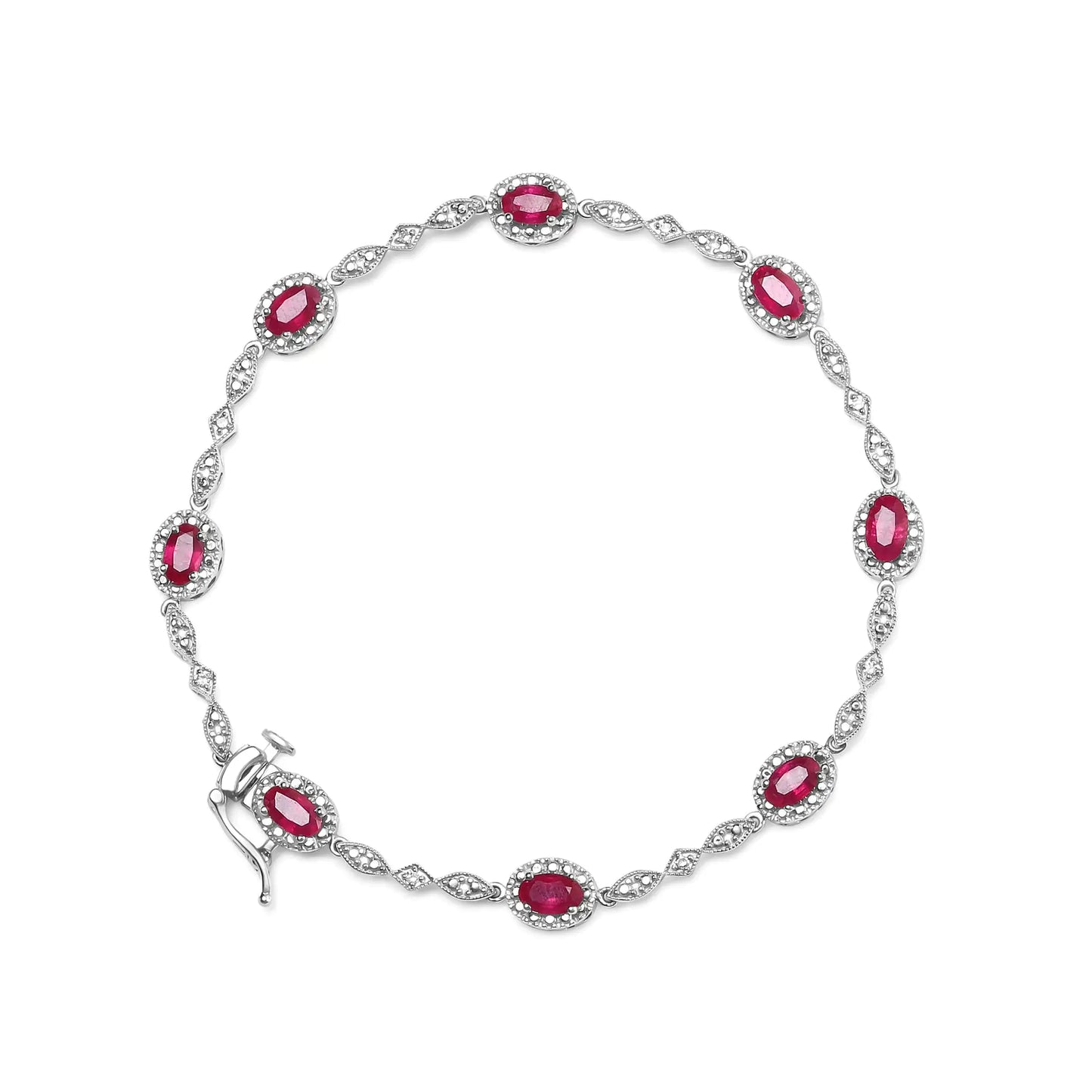 10K White Gold Oval Ruby and Diamond Link Bracelet