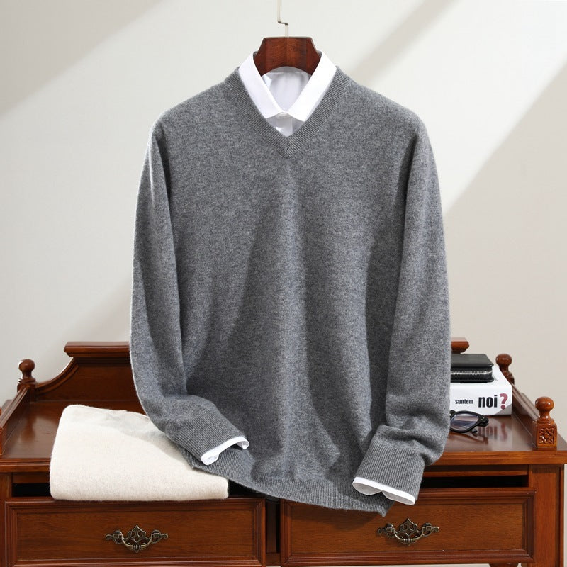 Men's Pure Cashmere Sweater V-neck Long Sleeve Knitted