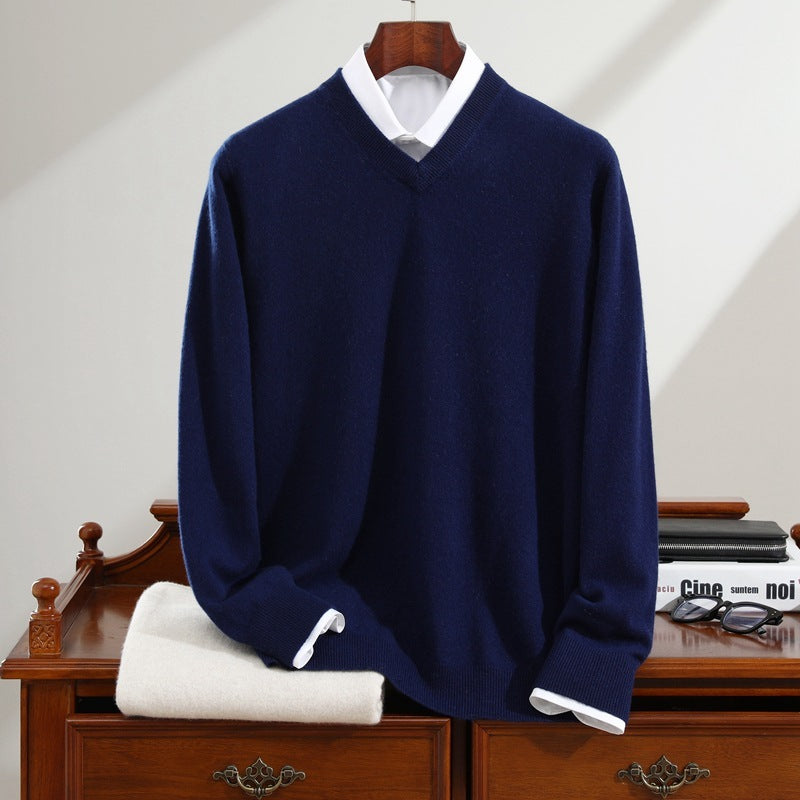Men's Pure Cashmere Sweater V-neck Long Sleeve Knitted